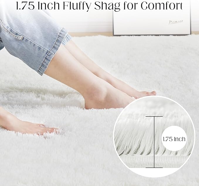 8x10 White Area Rug, Fluffy Plush Rugs for Bedroom, Non Slip Shag Indoor Carpet for Living Room, Nursery, Front Room, Room Decor