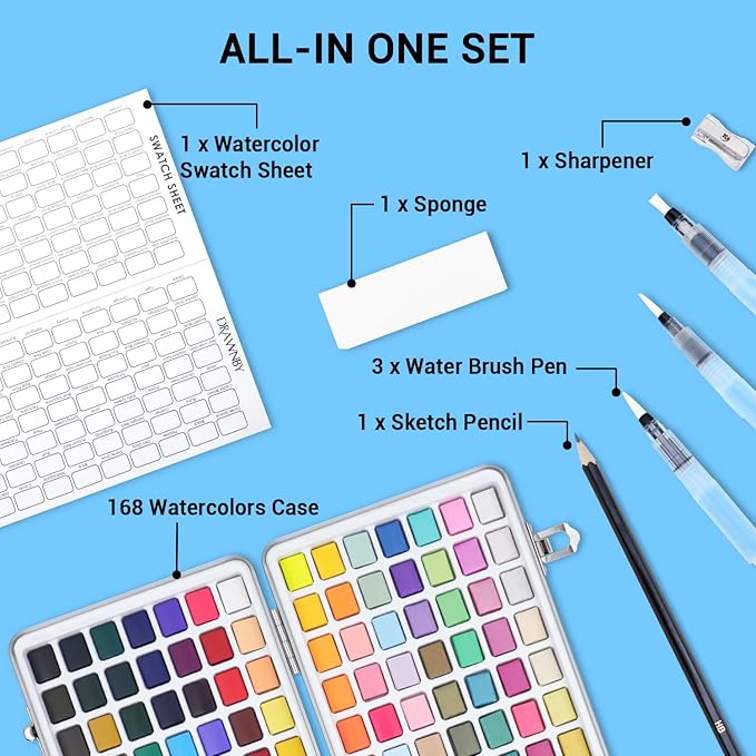 Watercolor Paint Set, 168 Vivid Colors with Regular, Macaron, Metallic & Fluorescent Colors, Travel Watercolor set including Palette, Water Brush Pens, Art Supplies Kit Great for Artists, Beginners