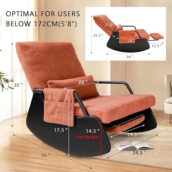 Rocking Chair for Nursery, Modern Upholstered Plush Seating Glider Recliner Chair with High Backrest and Side Pocket, Accent Armchair with Cushions for Living Room/Reading (Burnt Orange)