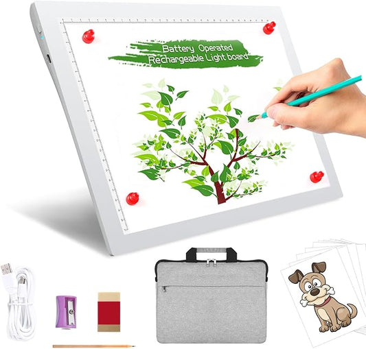 A4 Wireless Battery Powered Light Pad with Bag, TOHETO Tracing Light Box Dimmable Brightness Rechargeable LED Light Board Portable Cordless Copy Board for Drawing Sketching X-ray Viewing (White)