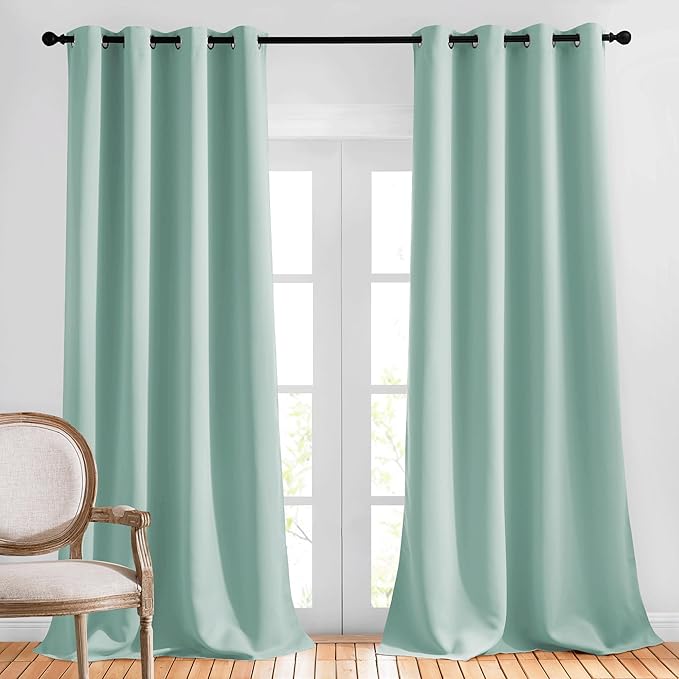 NICETOWN Insulated Curtains Blackout Draperies - Window Treatment Seafoam Green Blackout Eyelet Top Curtains/Panels for Bedroom/Living Room Window, 95 inches Long, 2 Panel Set