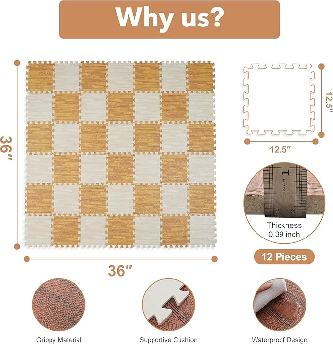 Skyweaver 12 Tiles Soft Non-Toxic Baby Play Mat for Floor EVA Foam Jigsaw Puzzle Play Mat, Interlocking Squares with 0.6inch for Babies, Toddlers & Kids Gym, Nursery, Playroom, Gray