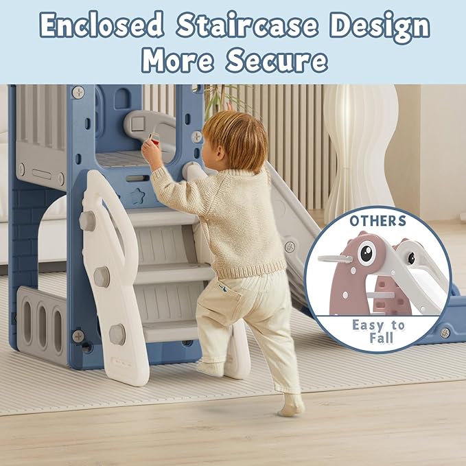 YUFU 5 in 1 Toddler Slide, Kids Slide with Climber, Basketball Hoop and Ball, Outdoor Indoor Playset for Toddlers Age 1-3 (Blue+Gray)