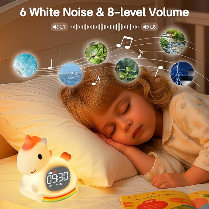 Cute Alarm Clock for Kids with Night Light, Sleep Training Clock Time to Wake Clock, Rechargeable Silicone Light for Bedroom, Perfect Sleep Companion for Boys Girls, Pink Pony