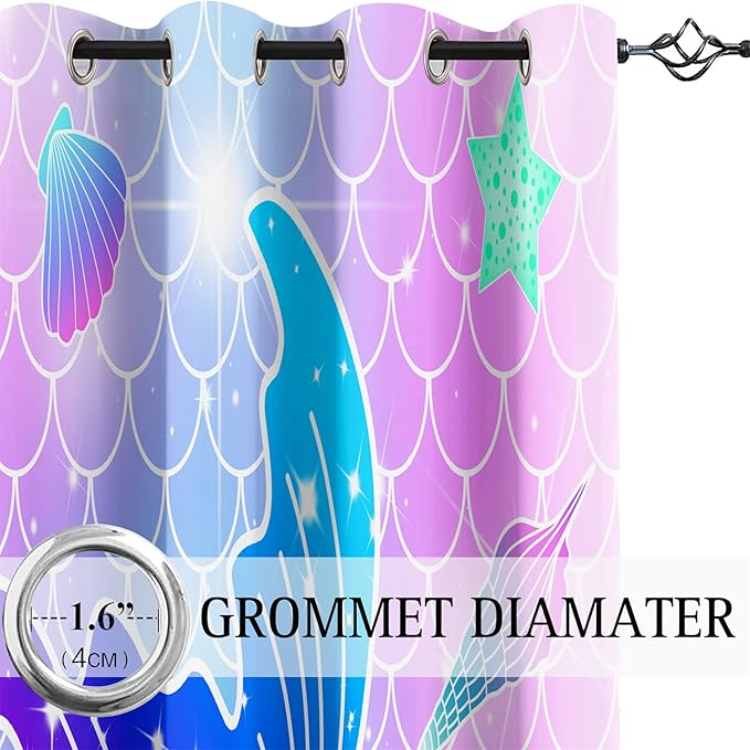 Mermaid Curtains Panels for Girls Room Pink Mermaid Blackout Curtains 63 inch Length for Girls Bedroom Living Nursery Room Grommet Top Thermal Insulated Curtains, 2 Pcs Panels, 82" x 63"