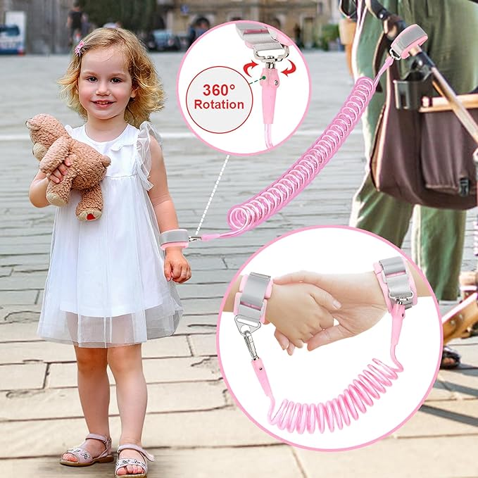 Toddler Leash Harness + Anti Lost Wrist Link, Accmor Cute Dinosaur Kids Harnesses with Leashes,3 in 1 Baby Walking Wristband Child Outdoor Anti-lsot Tether Rope Reins for Chidren Girls (Pink)
