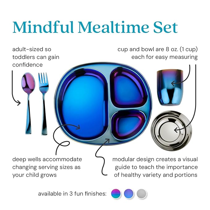 Ahimsa Stainless Steel Kids Dinnerware Set - 5 Piece Stainless Steel Toddler Plates and Bowls Set, Pediatrician Designed, Plastic Free Toddler Plate and Bowl, Kids Utensils and Cup (Blue)