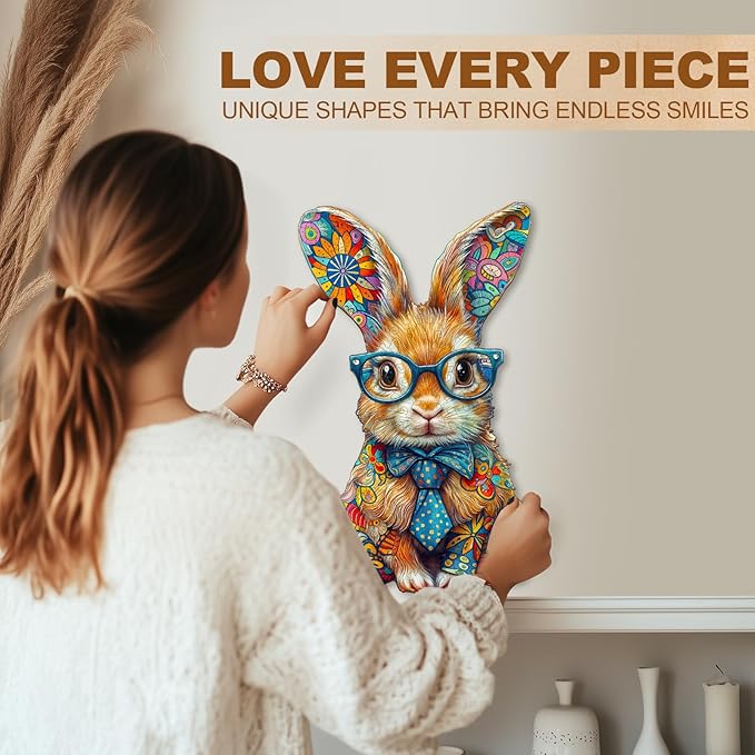 Wooden Puzzles for Adults - 125 Pieces Colorful Bunny Wooden Puzzle - Unique Animal Shape Wood Cut Puzzles - Eco-Friendly Home Office Decor (11.4 * 6.8in)