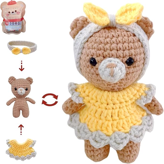 LoopMap Crochet Kit for Beginners - DIY Amigurumi Bear with Removable Dress & Accessories - Step-by-Step Video Tutorials, Extra Yarn, Crochet Tools, Handmade Gift for Kids & Adults (Bear K01, Yellow)