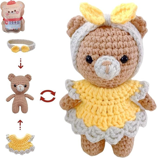 LoopMap Crochet Kit for Beginners - DIY Amigurumi Bear with Removable Dress & Accessories - Step-by-Step Video Tutorials, Extra Yarn, Crochet Tools, Handmade Gift for Kids & Adults (Bear K01, Yellow)