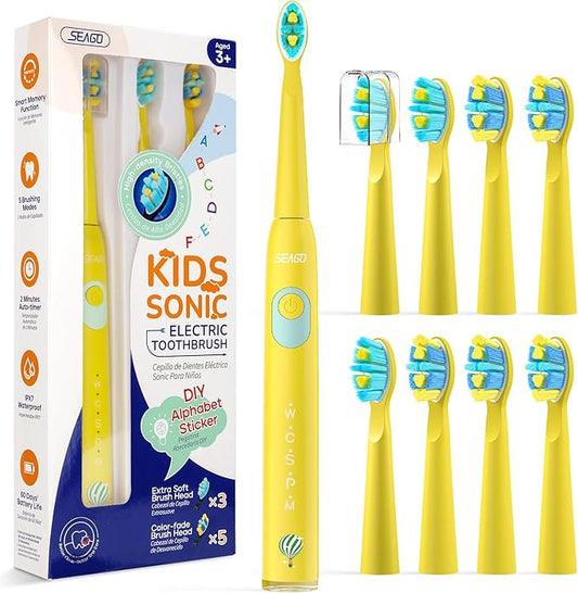 SEAGO Kids Electric Toothbrush, Rechargeable Sonic Soft Bristle Toothbrushes with 8 Brush Heads, DIY Stickers and 5 Modes, Ideal for Kids and Children, Ages 3–12,SG2303(Yellow)