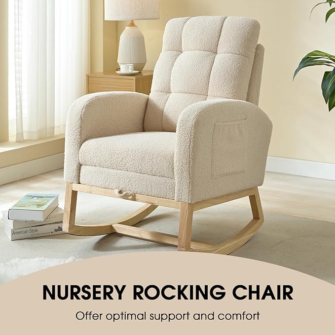 NIOIIKIT Modern Nursery Rocking Chair, Teddy Upholstered Rocking Chair with Footrest, Comfortable Rocker Recliner with Side Pocket, Rocker Glider for Living Room, Bedroom, Nursing Room (Apricot)