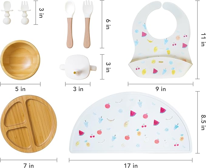 Bamboo Baby Feeding Set for Infants & Toddlers - Baby Essentials, Non-Toxic, Sustainable, Bamboo Suction Plate & Bowl, Bib, Sippy Cup w/Lid & Straw, Daily Use, Travel, Baby Shower Gifts (Vanilla)