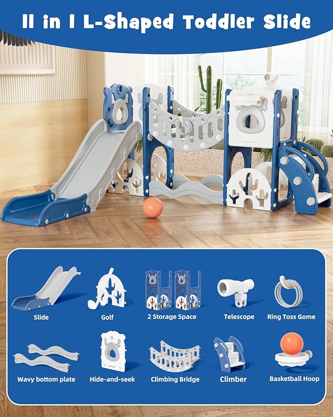 YUFU Toddler Slide Set, 11 in 1 Kids Slide for Toddlers 1-3, Toddler Playset with Climbing Bridge, Golf Set, Basketball Hoop, Indoor Outdoor Playground (Blue)