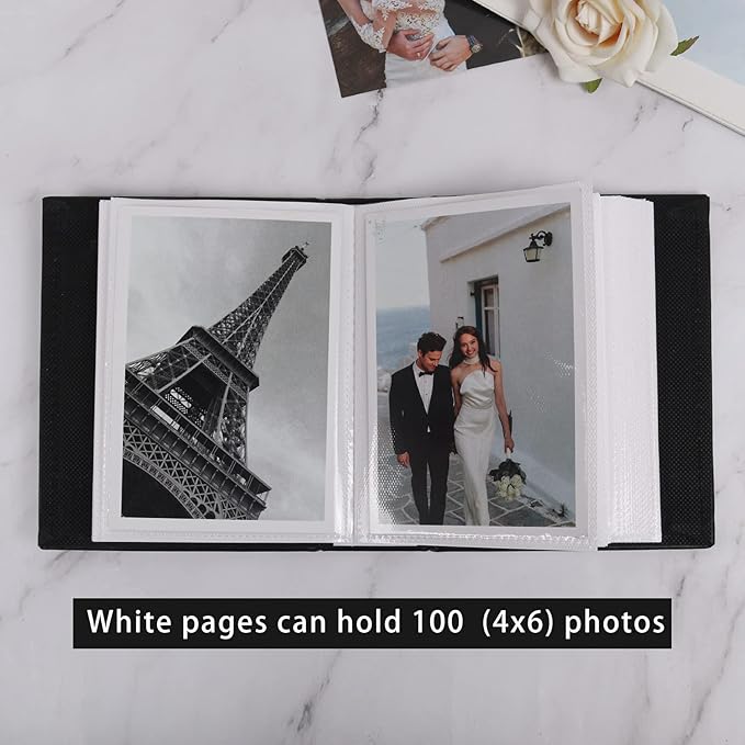 RECUTMS 100 Photo Album for 4x6 100 Small Photos Black Premium Leather Cover Inner White Page Vertical Photo Book for Family Wedding Graduation （Black）