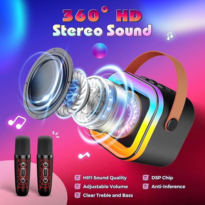LED Mini Karaoke Machine for Kids: Birthday Gifts for Boys 3 4 5 6 7 8 9 10 Year Old Kid Microphone Toys for Boy Ages 4-8 Portable Bluetooth Speaker with 2 Wireless Mics for Kids Girls Adult