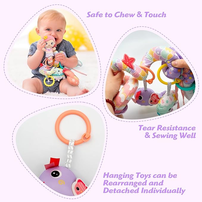 Car Seat Toys for Babies 0-6 Months Boy Girl Carseat Toys Hanging Spiral Stroller Toy, Infant Toy 0-6 Months Baby Newborn 0 3 Month Brain Development with Music Teether Rattle