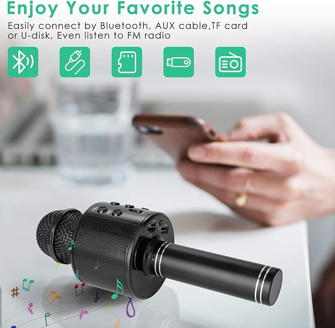 KIDWILL Wireless Bluetooth Karaoke Microphone for Kids and Adults, 5-in-1 Portable Handheld Karaoke Mic Speaker Player Recorder with Adjustable Remix FM Radio for Girls Boys Teens Adults