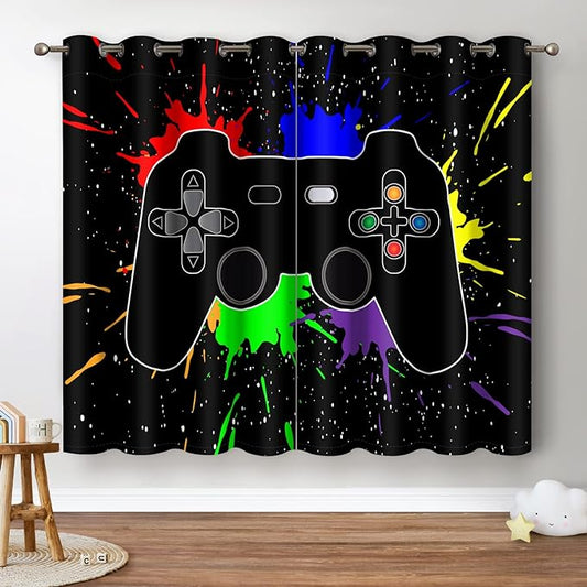 Jekeno Game Controller Blackout Curtains for Kids Boys Teens Bedroom Colorful Video Game Gamer Gaming Gamepad Decor for Home Living Room Grommet Window Drapes 2 Panel Set, 42"x84"