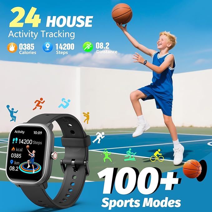 Kids Wach for Girls Boys 6-15 Year Old - Smart Watch for Kids 1.8" Fitness Tracker,No Phone Needed,Pedometer Sleep Monitor Heart Rate Waterproof,Puzzle Game for Girls Boys Teens Birthday Gift (Black)