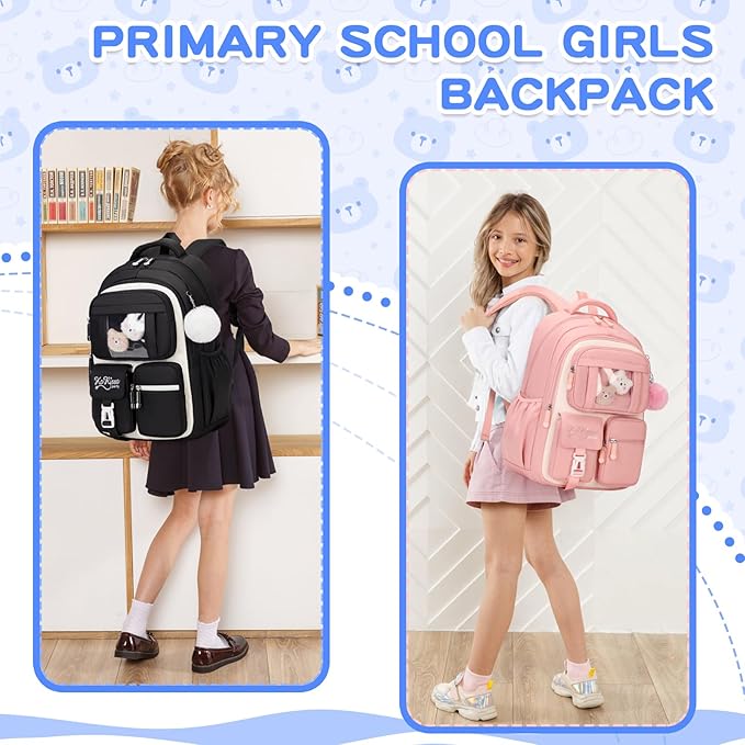 Kids Backpack for Girls - School Bags for Middle School Students - Book Bag for Elementary Primary - Kawaii Ita Backpack - Black and Beige