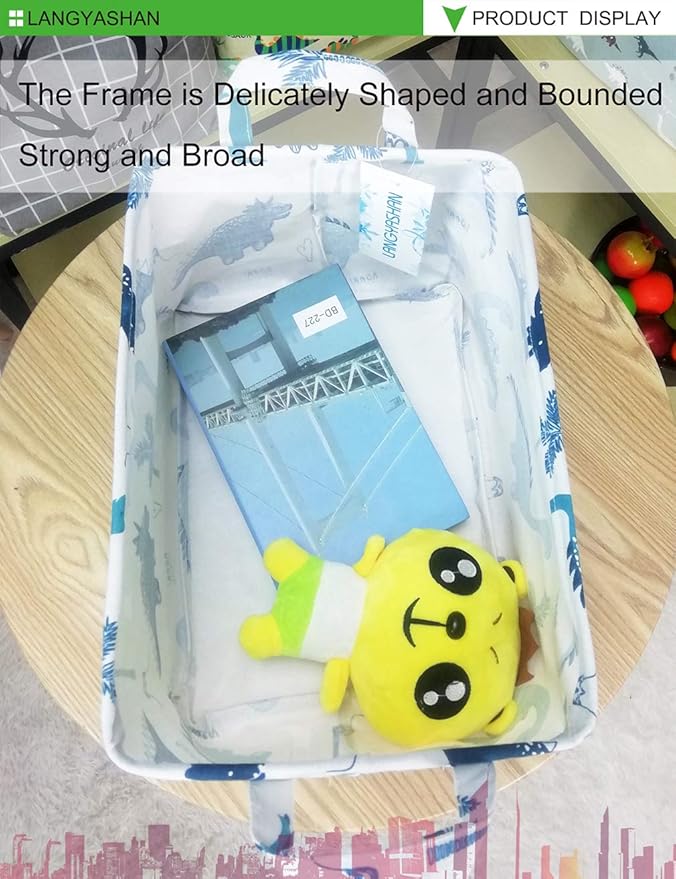 LANGYASHAN Rectangular Storage Bin Collapse Canvas Fabric Cartoon Storage Basket with Handles for Organizing Home Kitchen Boys and Girls Toys Office Closet Shelf Baskets (Rec green dinosaur)