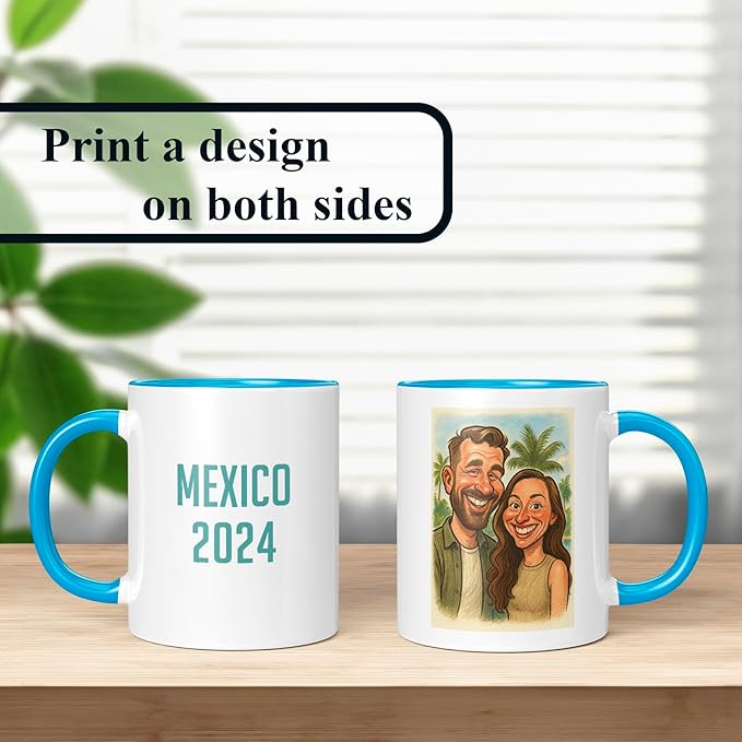 Personalized Coffee Mug, Custom Photo Caricature Gift, Funny Customized Coffee Gift for Men & Women, Custom Mugs with Pictures, Light Blue 11oz Father's Day Mug