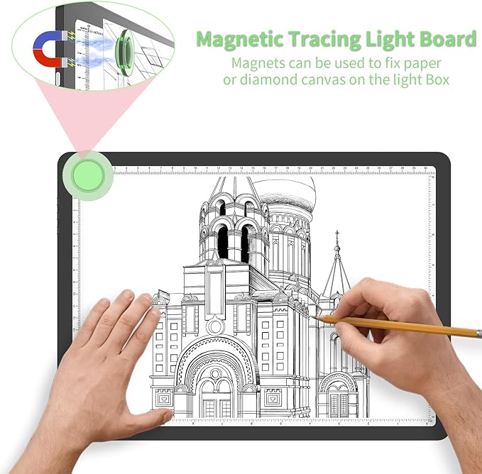 KOBAIBAN A4 Magnetic Light Box for Tracing, Rechargeable Diamond Art Light Board with Side Physical Buttons, 3 Color Light Modes Super Bright Light Pad Light Table for Drawing, Weeding Vinyl (Black)