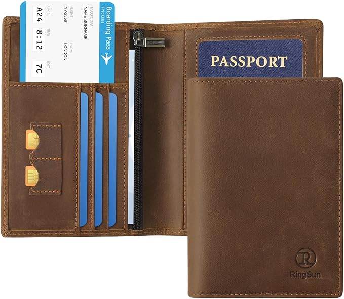 Ringsun Leather Passport Cover for Men Women, RFID Passport Wallet Case Travel Passport Holder for Family