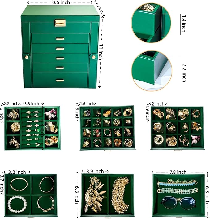 BOOVO Jewelry Box For women, 6 Layer Large Jewelry Organizer With Mirror, Multi-Function Storage Box With Lock, Necklace Holder With 5 Drawers, For Earrings Necklace Bracelet (Green and Gold)