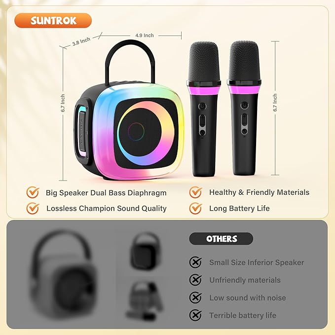 Mini Karaoke Machine for Kids Adults: Portable Bluetooth Speaker with 2 Wireless Microphones and Light - Singing Karaoke Gift for Girls Boys Ages 4-12+ Years Old Birthday Family Home Party