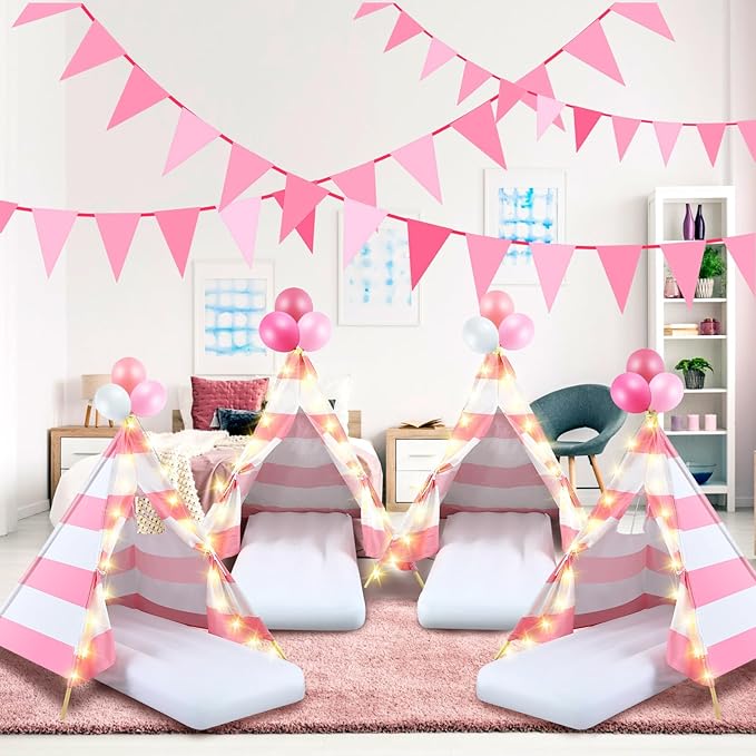 2 Pack Kids Teepee Tent with Mattress,Fitted Sheet,Light String,Washable Natural Cotton Toddler Play Tent for Girls Boys Indoor Outdoor Sleepover Slumber Birthday Party(Pink and White)