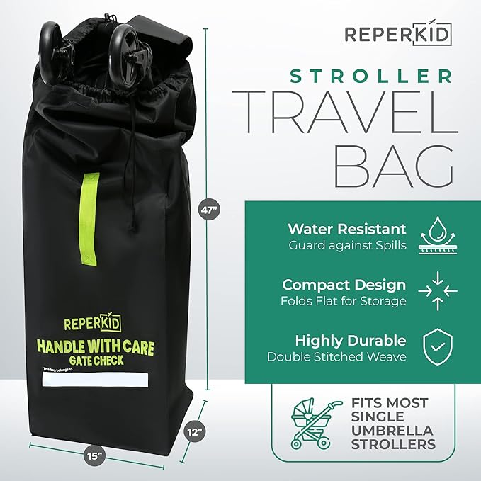 reperkid Umbrella Stroller Bag for Airplane Travel, Black and Green, 47" H x 15" W x 12" D, Fits Most Single and Double Umbrella Strollers – Premium Waterproof Cover, Adjustable Shoulder Strap