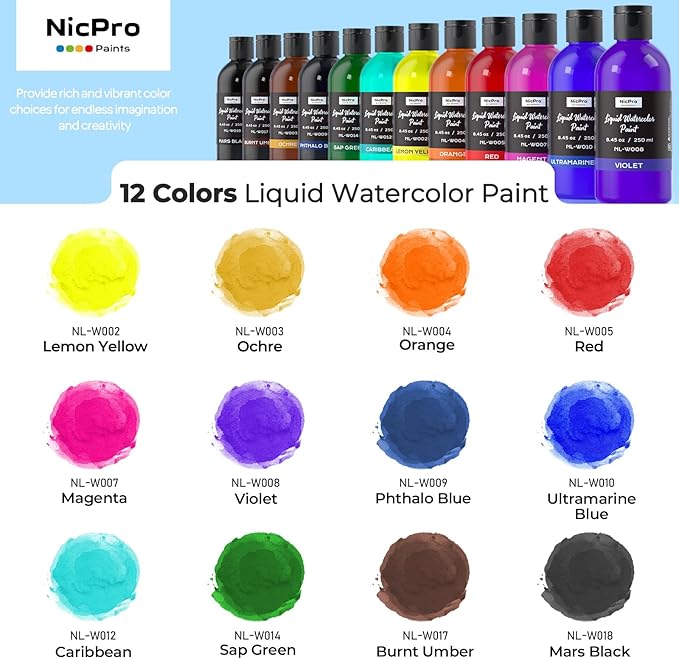 Nicpro 12 Colors Liquid Watercolor Paint Set, 8.45oz Large Bulk Liquid Watercolor Paint, Non-Toxic Water Colors Painting Supplies for Art Activity, Craft DIY, Poster, School, Home, Classroom, Party