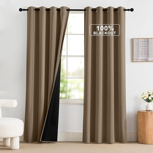 NICETOWN 100% Blackout Curtains 84 inch Long for Bedroom, Total Blackout Thermal Insulated Grommet Long Window Curtains 2 Panels Set, 2 Panels, Khaki, 52 inch Wide