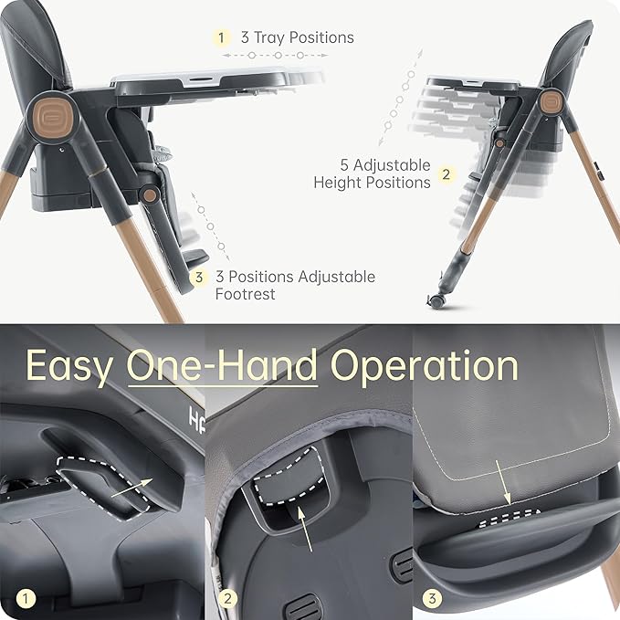 6 in 1 Convertible High Chairs for Babies and Toddlers,Portable High Chair with Dishwasher Tray and 4 Wheel,Booster Seat for Dining Table,Foldable Toddle and Baby Feeding Highchair (Gold-Grey)