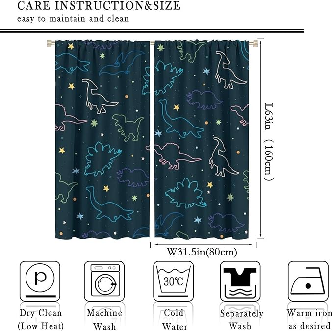 Cartoon Colorful Dinosaur Curtains for Kids Boys Girls Home Decor, Astronaut Funny Outer Space Star Blackout Rod Pocket Window Drapes for Bedroom Living Room W31.5xL63in 2 Panels