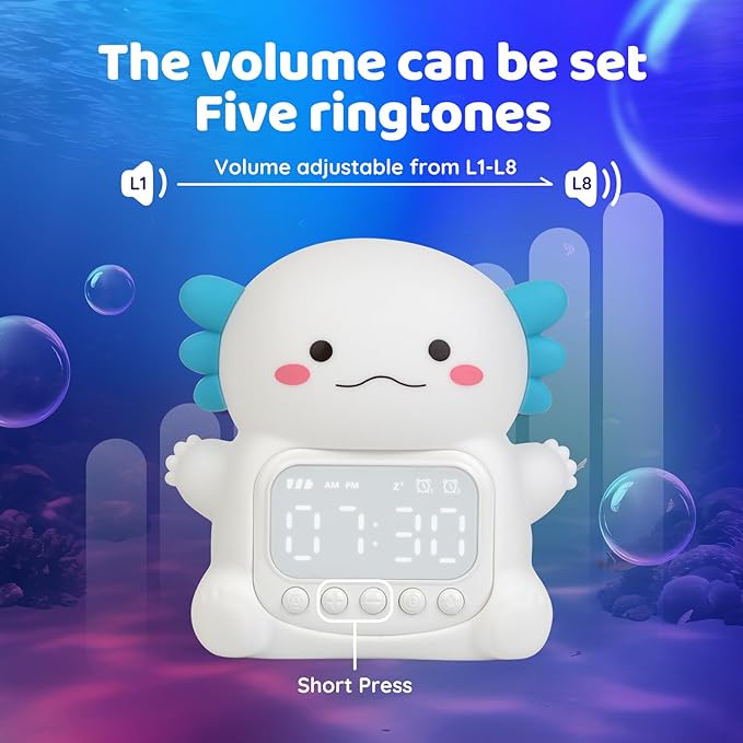 Axolotl Alarm Clock with Night Light for Kids, Rechargeable Silicone Lamp Time to Wake Clock Cute Animal Tabletop Lamp, Perfect Sleep Companion for Boys Girls, White