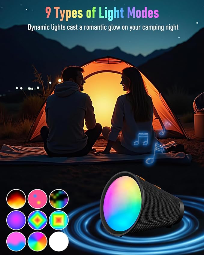 Portable Bluetooth Speaker Wireless with 9 Color Lights, 20H Playtime, Stereo Pairing, Deep Bass, IPX6 Waterproof, Bluetooth 5.3, Small Speaker for Home, Party, Outdoor, Camping, Beach, Gift