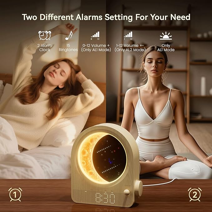 Sunrise Alarm Clocks for Bedrooms, Stepless Dimmable Moon Lamp Dual Alarm Clock Wake Up Light with 12Levels Volume for Heavy Sleepers, 10 Natural Sounds with 30/60/90min Timer Night Light