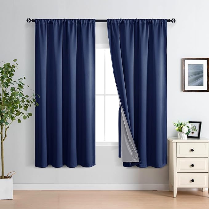 XWZO Full Shading Blackout Curtains 63 Inches Length with Tiebacks- Heat and Light Blocking Rod Pocket Window Drapes with Black Liner Backing for Bedroom/Living Room, Navy Blue, W60 x L63, Set of 2