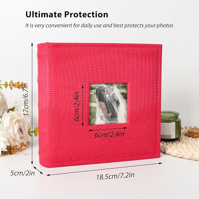 RECUTMS 4x6 Photo Album with Memo Mini Photo Book Pack of 50 Sheets Hold 100 Photos, Leather Cover Picture Album with Window for Memories Couple Valentines Baby Wedding Family (Pink)