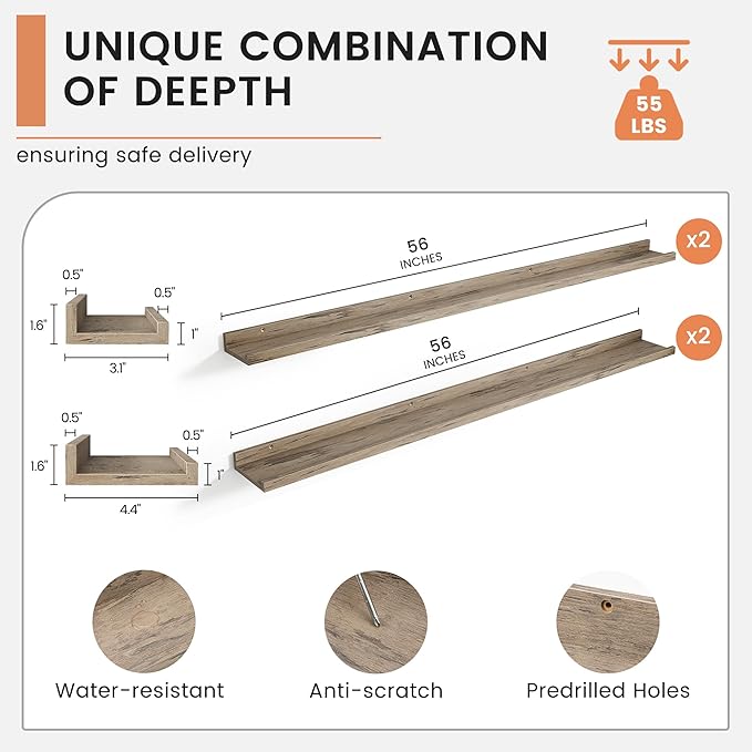 Floating Picture Ledge Shelves for Wall Set of 4, 56 Inch Wall Shelves with Lip Long Large Nursery Book Shelf for Toys Storage Kids Bookshelf Wall Mounted Living Room Bedroom Decor Frames