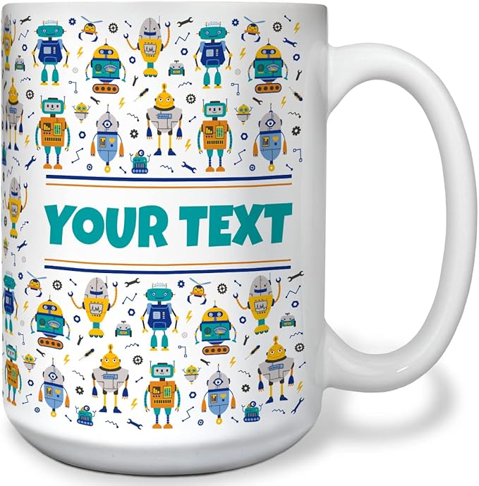 Personalized Mug for Kids - Robots - Custom Name/Text, Ceramic Hot Chocolate/Cocoa/Coffee Cup for Boys, Birthday/Christmas/Holiday Gift - 15 oz, White Handle