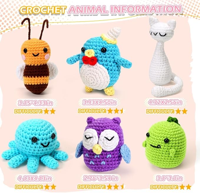 6 PCS Crochet Animal Kit –2026 DIY Amigurumi Crochet Kit for Beginners, Knitting Crochet Kit For Kids Adults , Knitting Kit with detailed videos tutorials, Yarn, Hook, Best Gift For Crochet Lovers