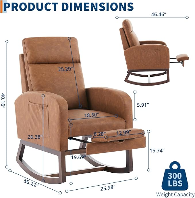 Rocking Chair Nursery with Foot Rest, Modern PU Upholstered Reading Glider Rocker Accent Armchair with High Backrest, Padded Seat, Side Pocket, for LivingRoom, Bedroom, Baby Room, Brown
