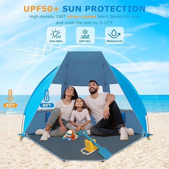 Gorich Portable Beach Tent for 3/4-5/6-7 Person with UPF 50+ UV Protection, Lightweight & Foldable Sun Shelter with 5 Sand Bags, Easy Setup Windproof Beach Umbrella Sun Shade