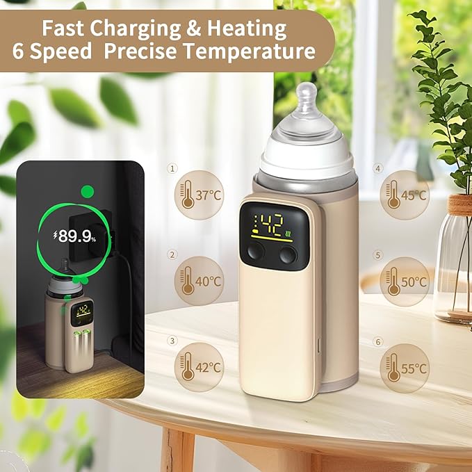 Portable Bottle Warmer, Travel-Friendly, Leak-Proof, Precise Temp-Control & LCD Display, Long Battery Life for Constant-Warm for 5-8 Hours, Feeding While Charging, Fast-Charging