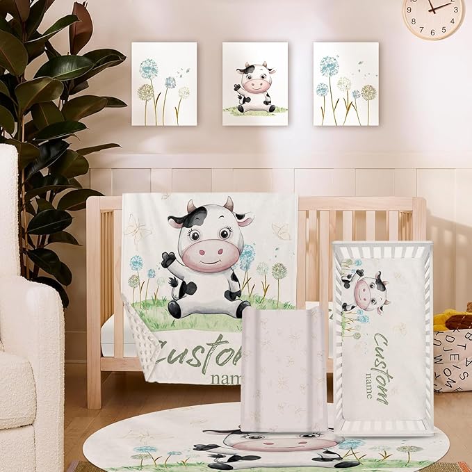 Personalized Baby Crib Bedding Set, 5-Piece Cows Design Baby Crib Sets with Custom Name, Toddler Double Layer Blanket Fitted Sheets Changing Pad Cover Rug Wall Art Set, Charming Nursery Decor