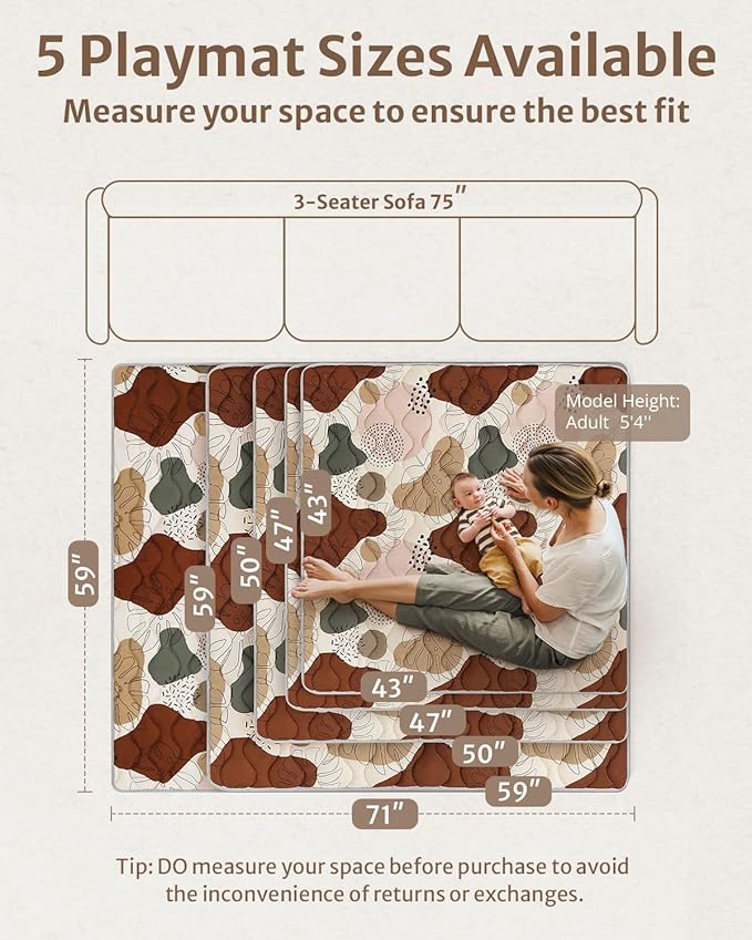 Blissful Diary Portable Baby Play Mats for Floor, Thicker Cushioned Foldable Baby Crawling Mat for Indoor Outdoor, Non-Slip & Washable Kids Playmat for Tummy Time Activity, Boho 43" X 43"